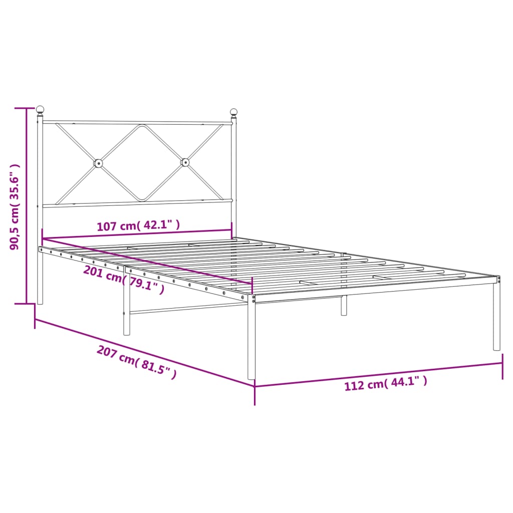 Metalni okvir za krevet s uzglavljem bijeli 107x203 cm