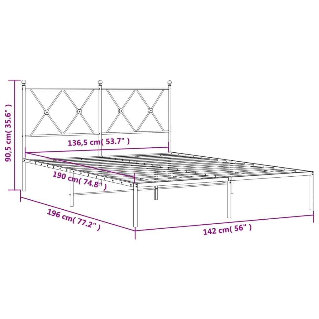 Metalni okvir za krevet s uzglavljem bijeli 135x190 cm