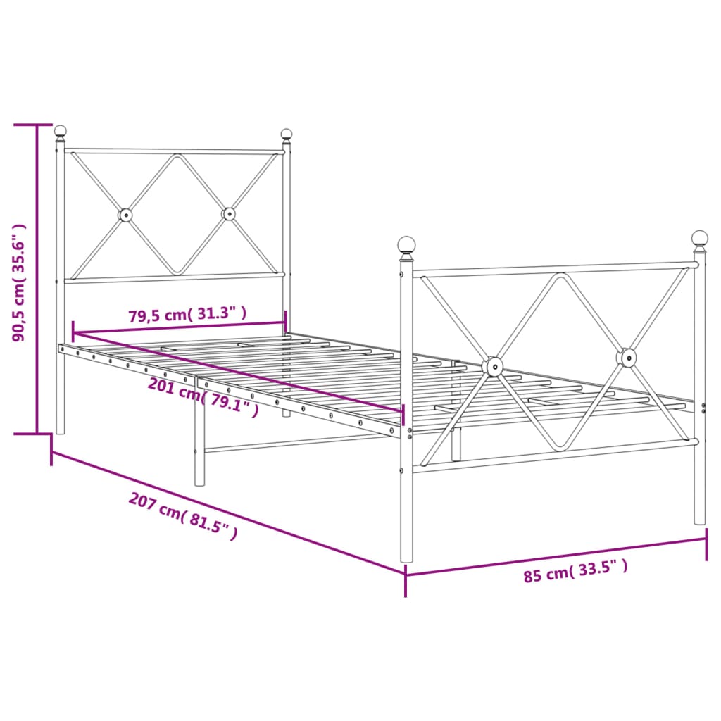 Metalni okvir kreveta uzglavlje i podnožje bijeli 80x200 cm