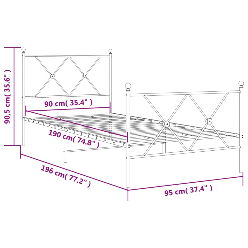 Metalni okvir kreveta uzglavlje i podnožje bijeli 90x190 cm