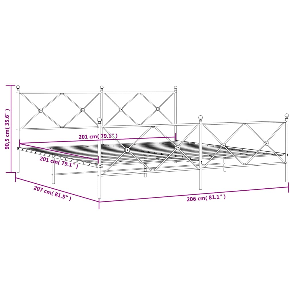 Metalni okvir kreveta uzglavlje i podnožje bijeli 200x200 cm