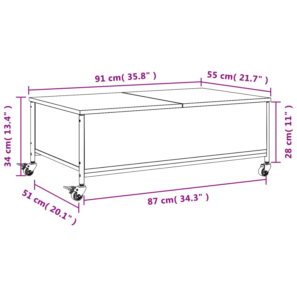 Stolić za kavu s kotačima siva boja hrasta 91x55x34 cm drveni