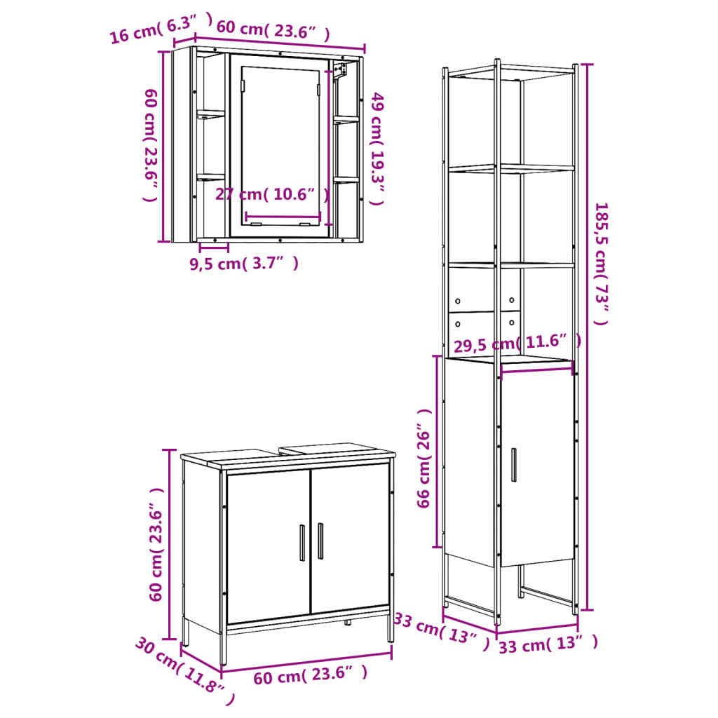 3-dijelni set kupaonskih ormarića boja hrasta sonome drveni