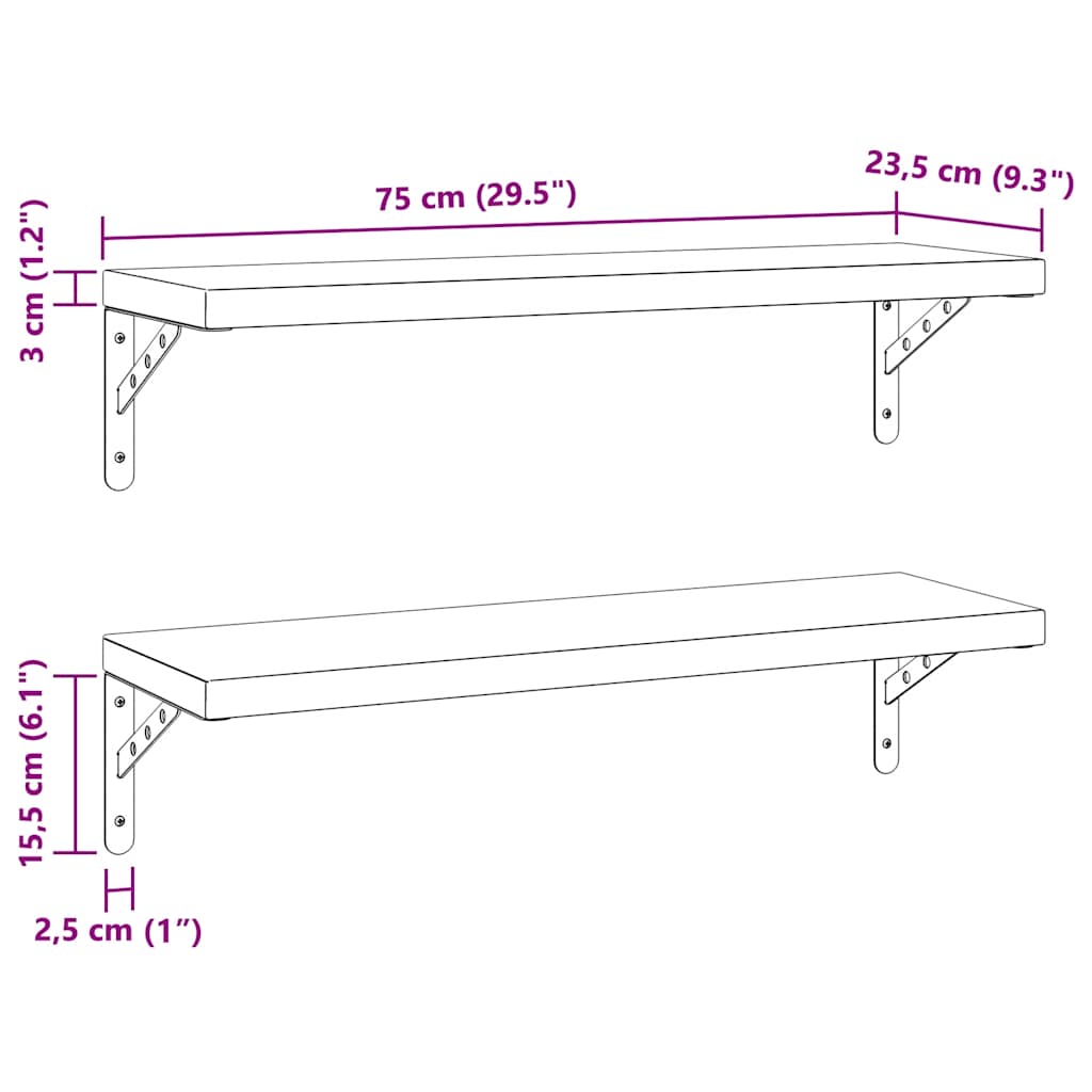 Zidne police 2 kom 75 x 23,5 cm crne nehrđajući čelik