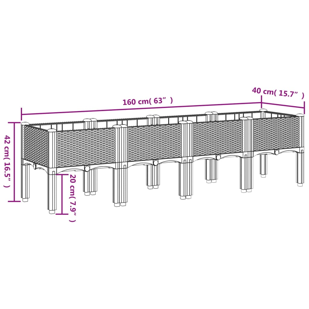 Vrtna sadilica s nogama svjetlosiva 160 x 40 x 42 cm PP