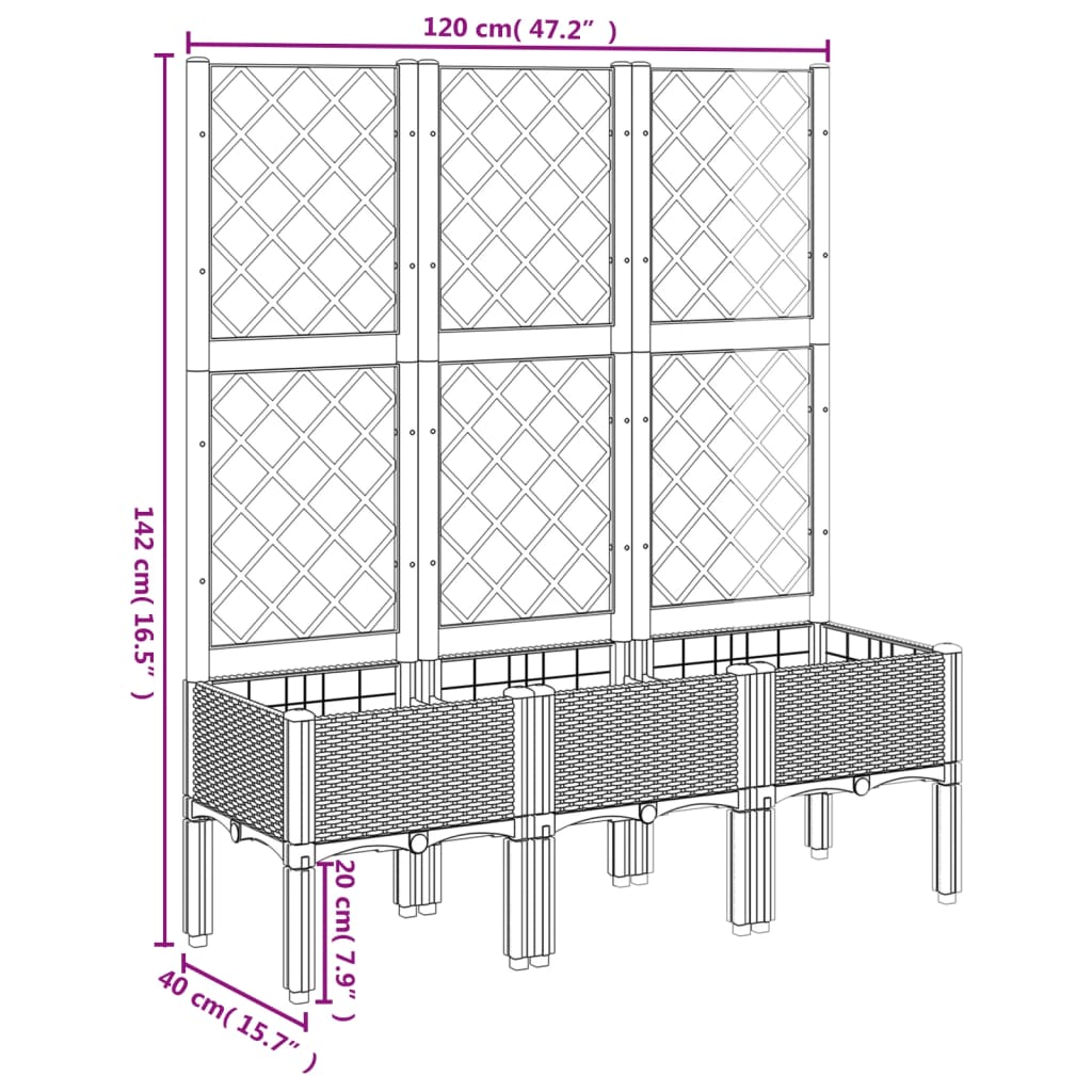 Vrtna sadilica s rešetkom crna 120 x 40 x 142 cm PP