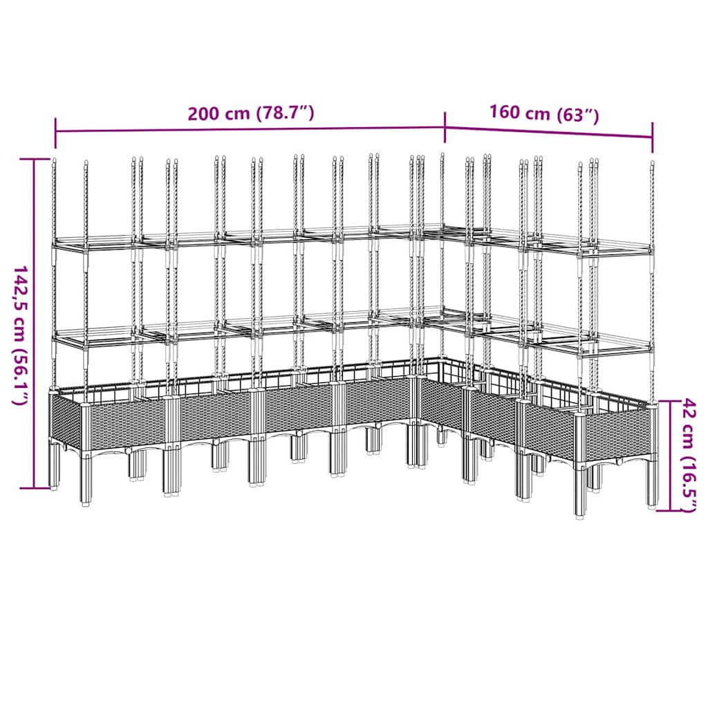 Vrtna sadilica s rešetkom svjetlosiva 200 x 160 x 142,5 cm PP
