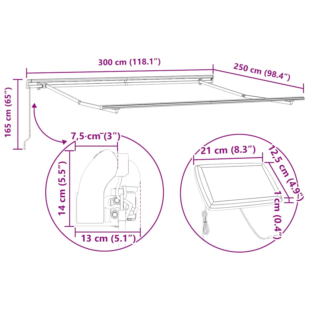 Tenda na ručno uvlačenje s LED bordo 300 x 250 cm