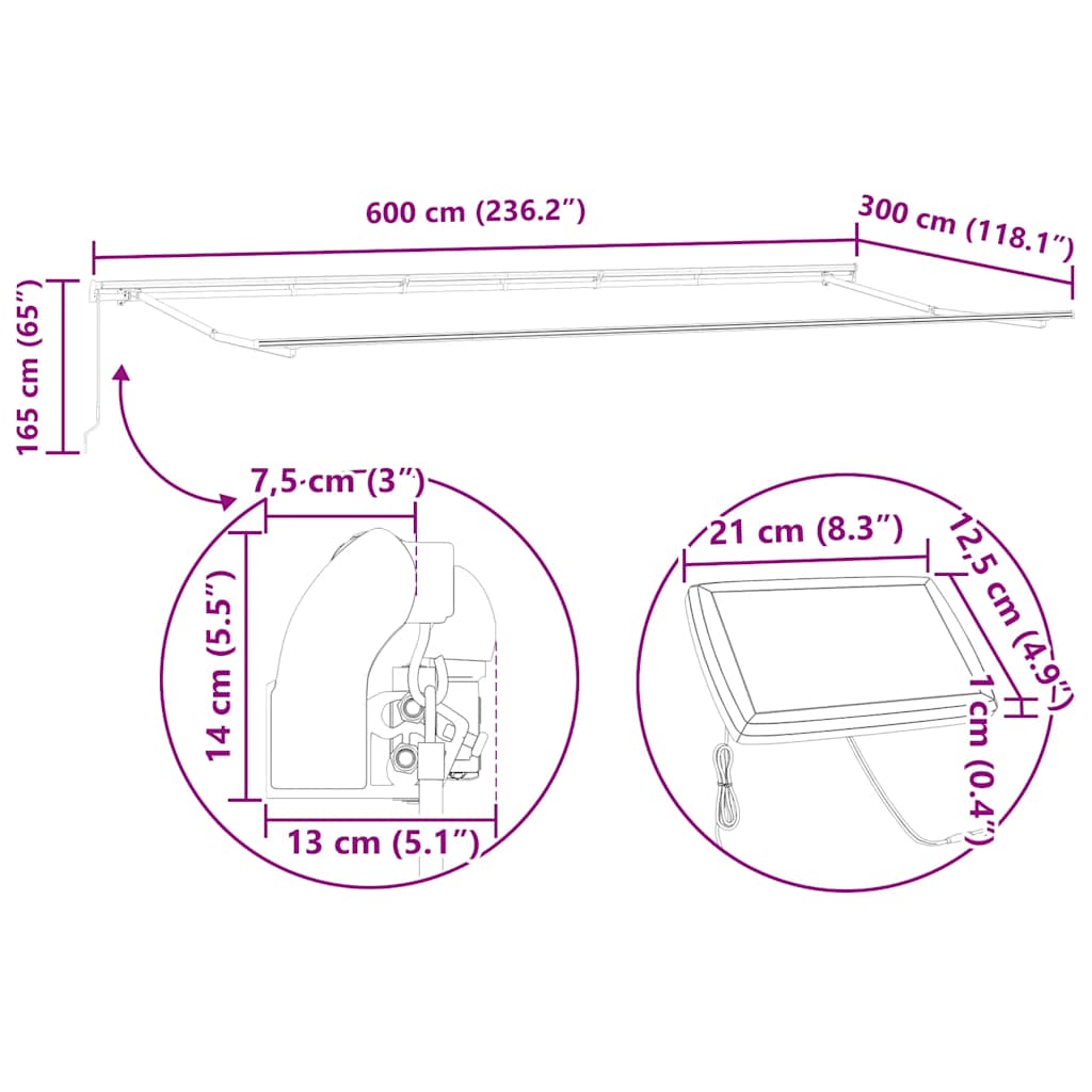 Tenda na ručno uvlačenje s LED antracit i bijela 600x300 cm