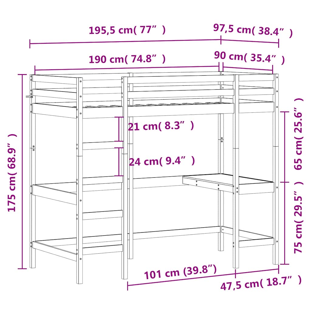 Krevet na kat s radnim stolom bijeli 90x190 cm od borovine