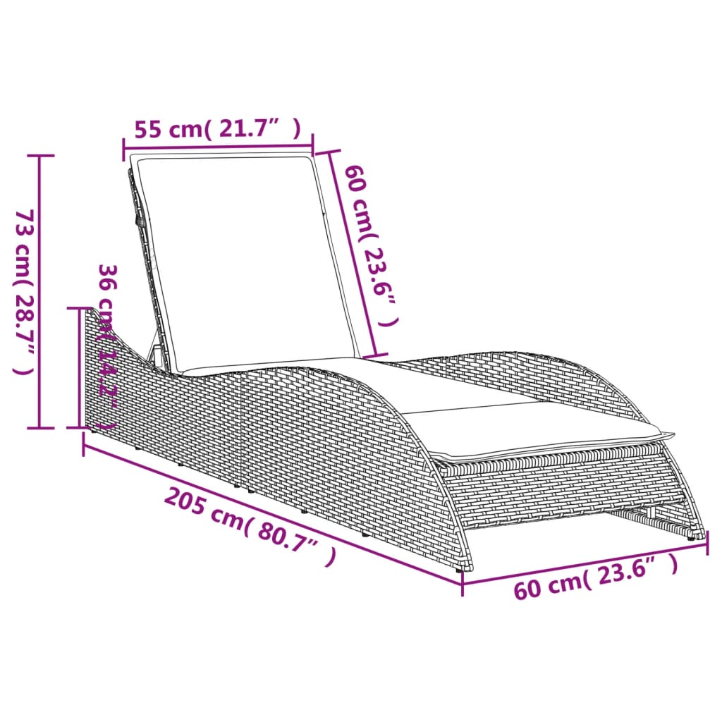Ležaljka za sunčanje s jastukom crna 60x205x73 cm poliratan