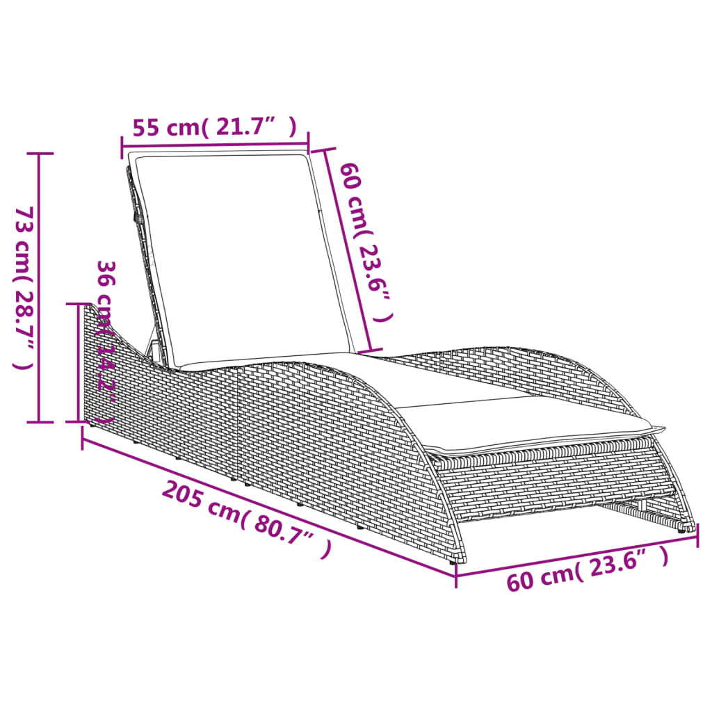 Ležaljka za sunčanje s jastukom smeđa 60x205x73 cm poliratan