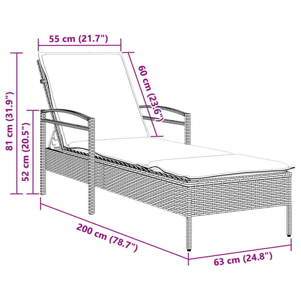 Ležaljka za sunčanje s jastukom crna 63x200x81 cm poliratan