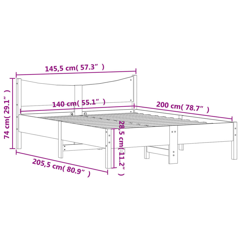 Okvir kreveta bez madraca 140 x 200 cm od masivne borovine