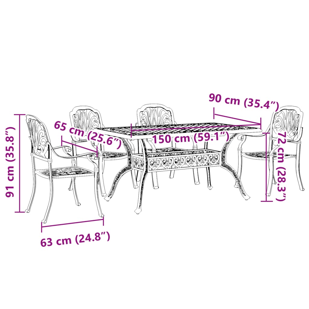 5-dijelni vrtni blagovaonski set crni od lijevanog aluminija