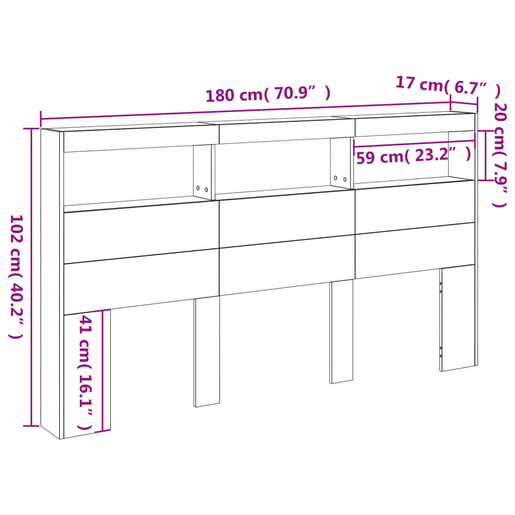 Ormarić za uzglavlje LED svjetlima boja betona 180x17x102 cm
