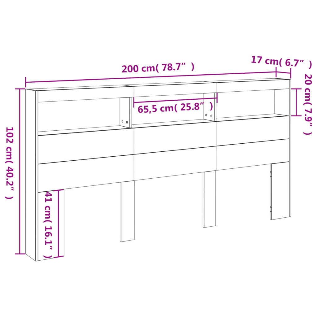 Ormarić za uzglavlje s LED svjetlima boja hrasta 200x17x102 cm