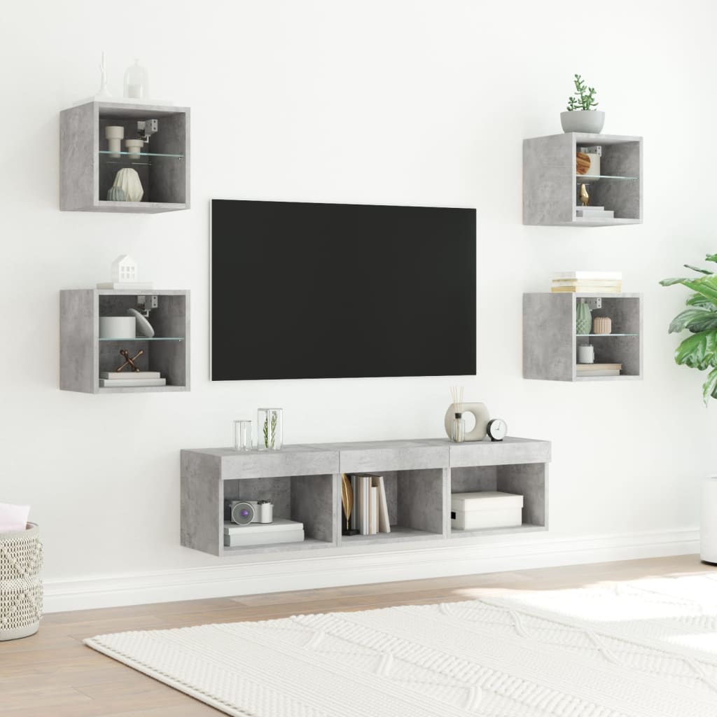 7-dijelni zidni TV elementi s LED svjetlima boja betona drveni