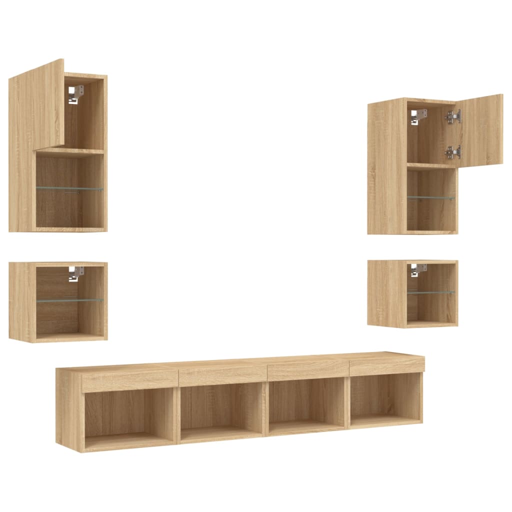 8-dijelni zidni TV elementi s LED svjetlima boja hrasta drveni