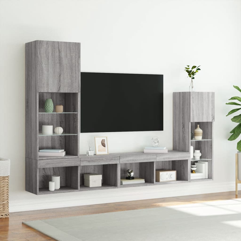 4-dijelni zidni TV elementi s LED svjetlima boja sivog hrasta