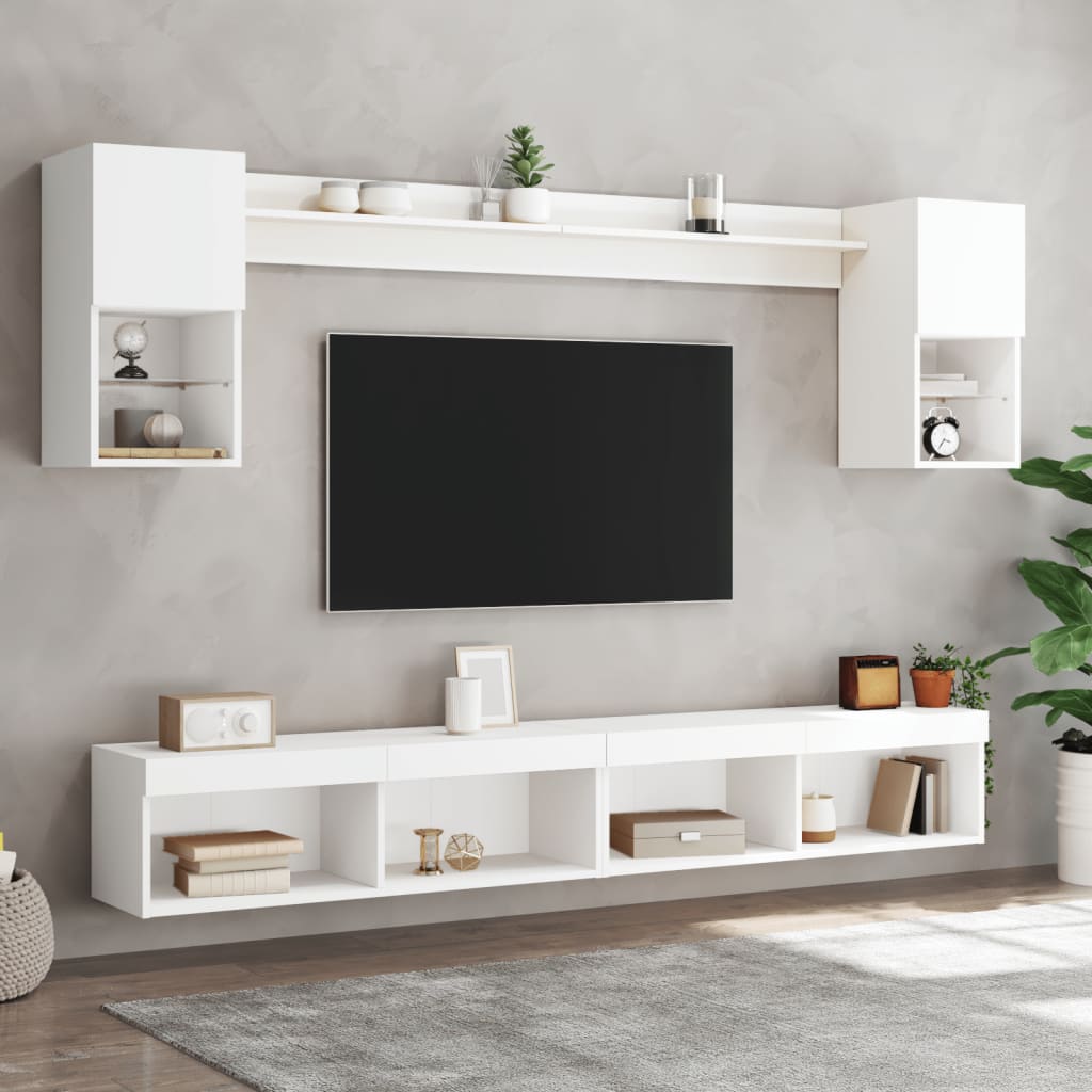 6-dijelni zidni TV elementi s LED svjetlima bijeli drveni