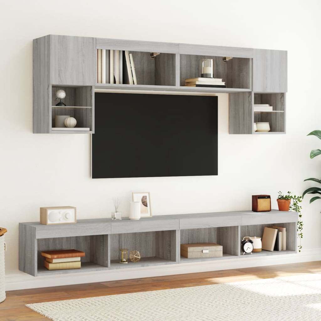 6-dijelni zidni TV elementi s LED svjetlima boja sivog hrasta
