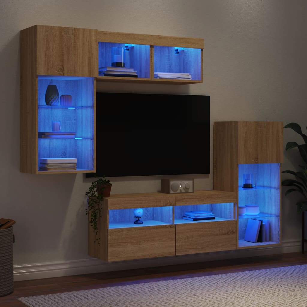 5-dijelni zidni TV elementi s LED svjetlima boja hrasta drveni
