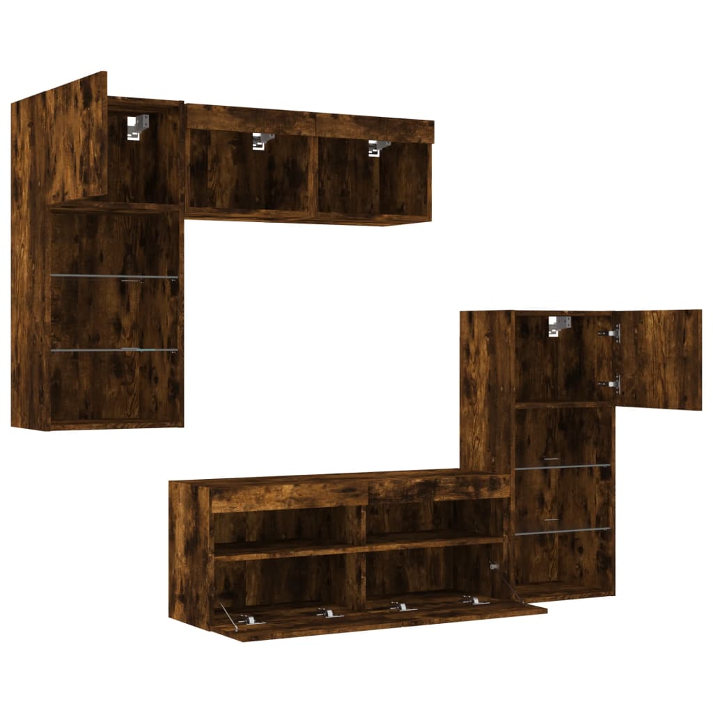 5-dijelni zidni TV elementi s LED svjetlima boja hrasta drveni