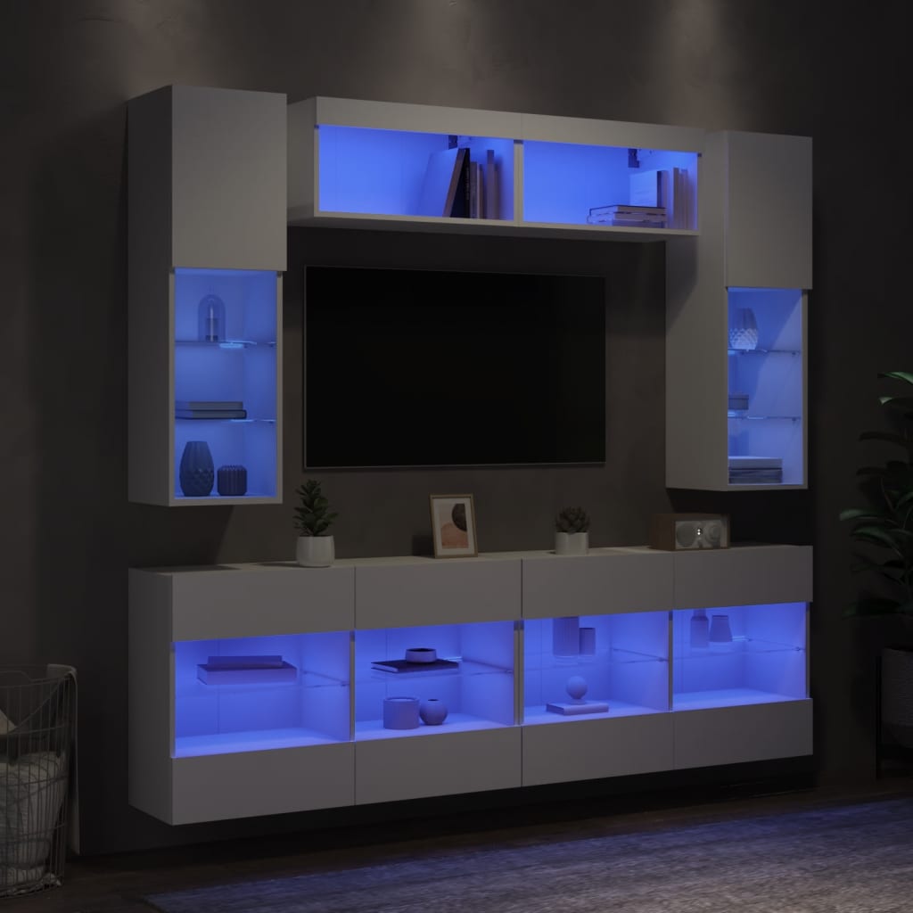 6-dijelni set zidnih TV ormarića s LED svjetlima bijeli