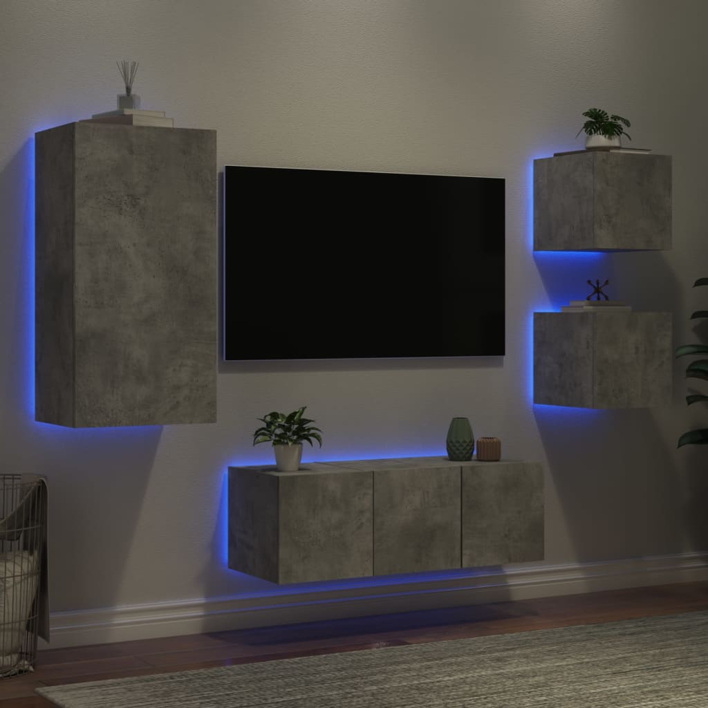 5-dijelni zidni TV elementi s LED svjetlima boja betona drveni
