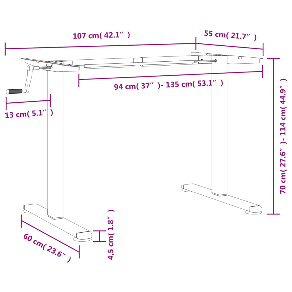 Samostojeći okvir za stol crni (94-135)x60x(70-114) cm čelični