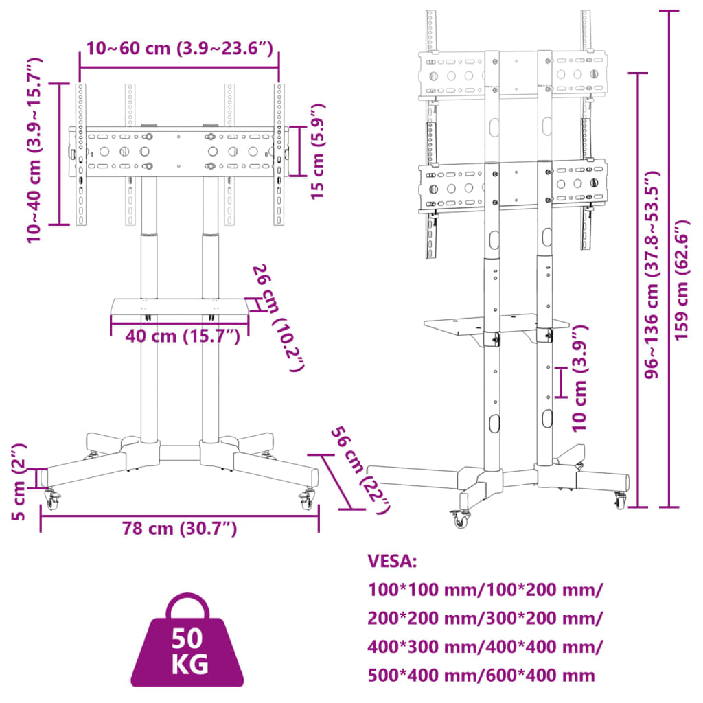 Pomični TV stalak za zaslon od 32-70 inča max. 600x400 mm 50 kg