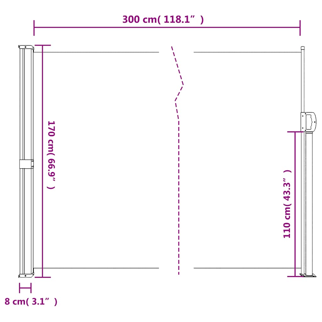 Uvlačiva bočna tenda bijela 170 x 300 cm