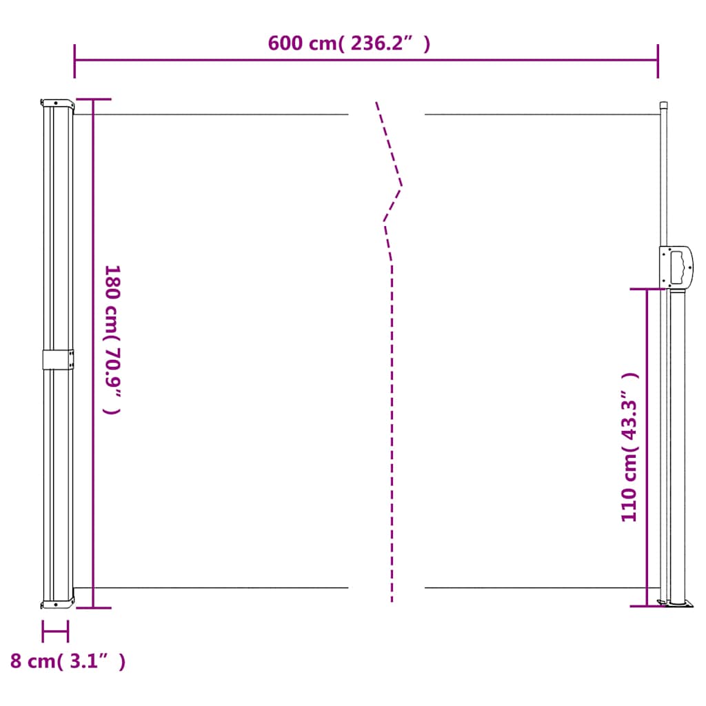 Bočna tenda na uvlačenje bež 180x600 cm