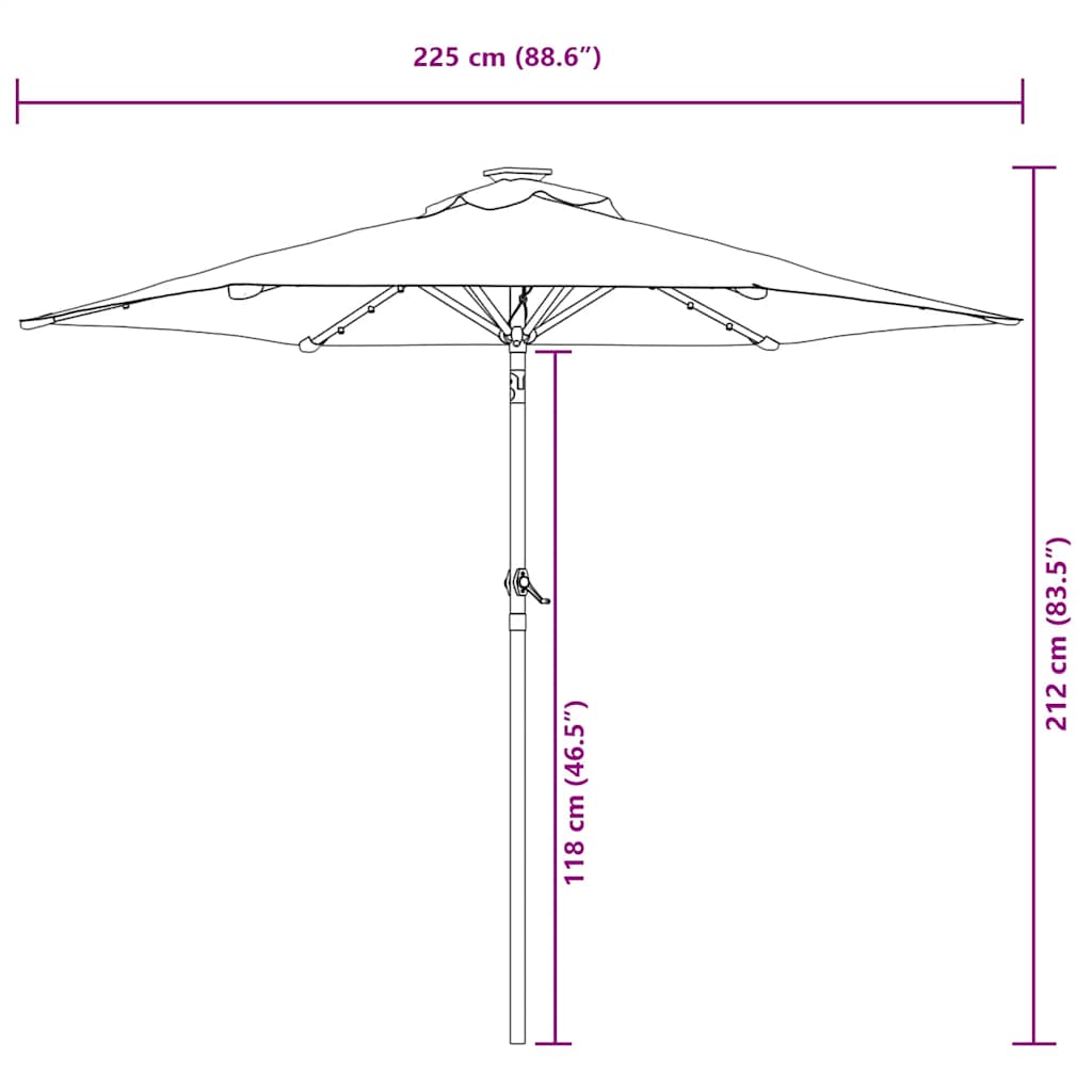 Vrtni suncobran s čeličnom šipkom LED zeleni 225 x 225 x 212 cm
