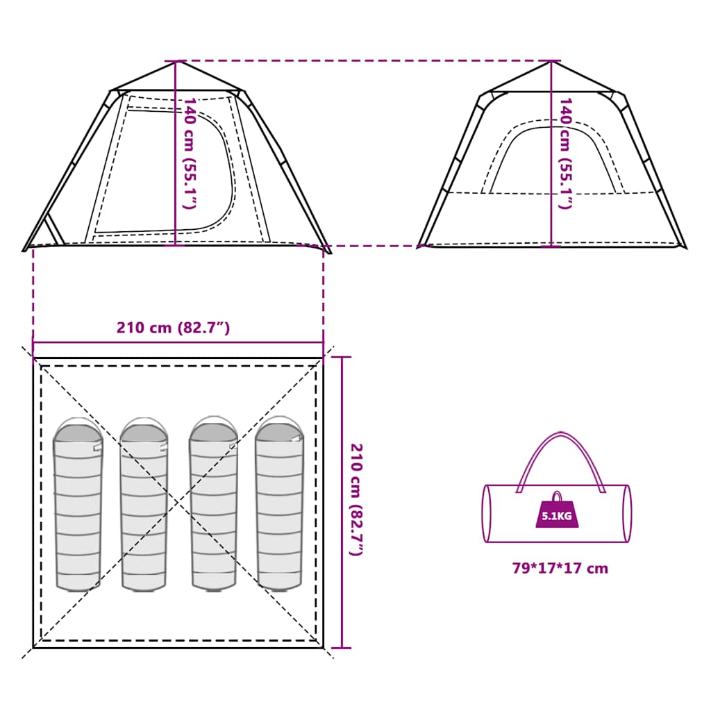 Kupolasti šator za kampiranje za 3 osoba zeleni brzo otpuštanje