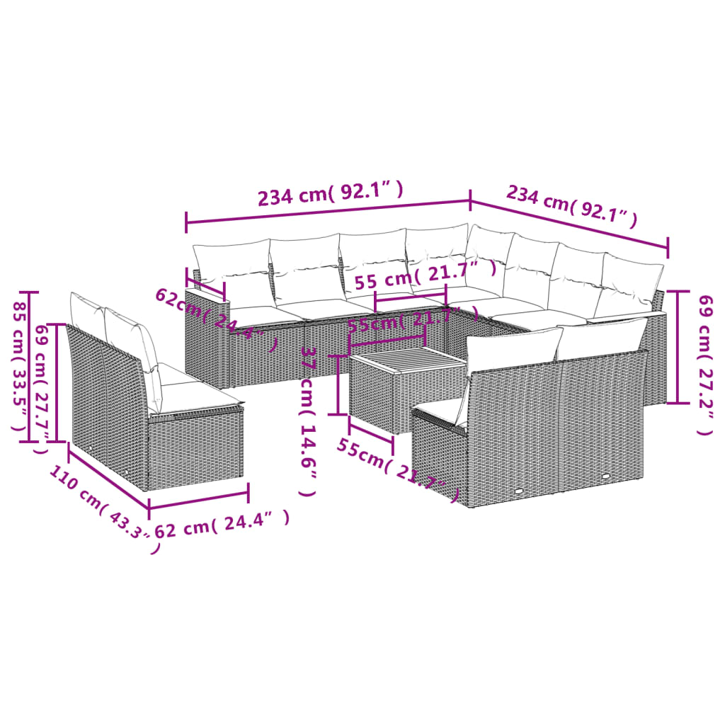 12-dijelni set vrtnih sofa od poliratana s jastucima sivi