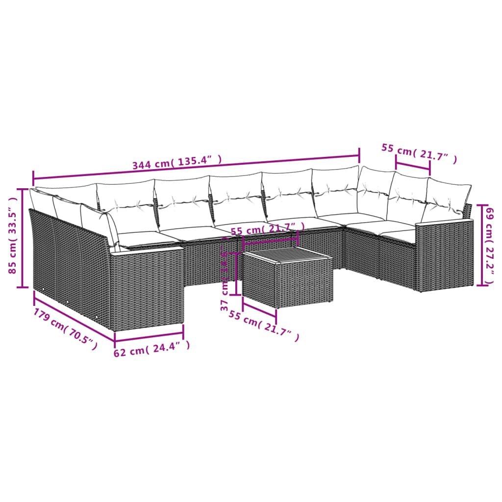 11-dijelni set vrtnih sofa od poliratana s jastucima crni Crna 62 x 62 x 69 cm