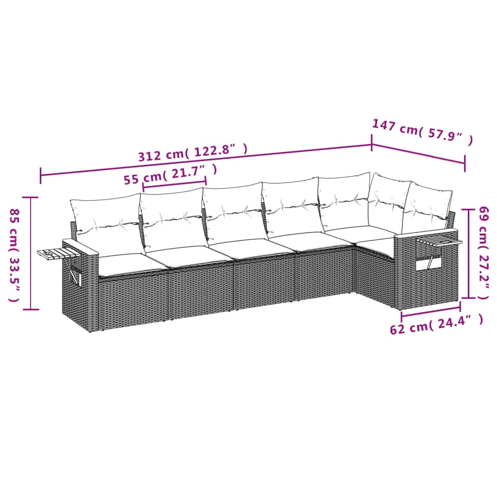 6-dijelni set vrtnih sofa od poliratana s jastucima crni