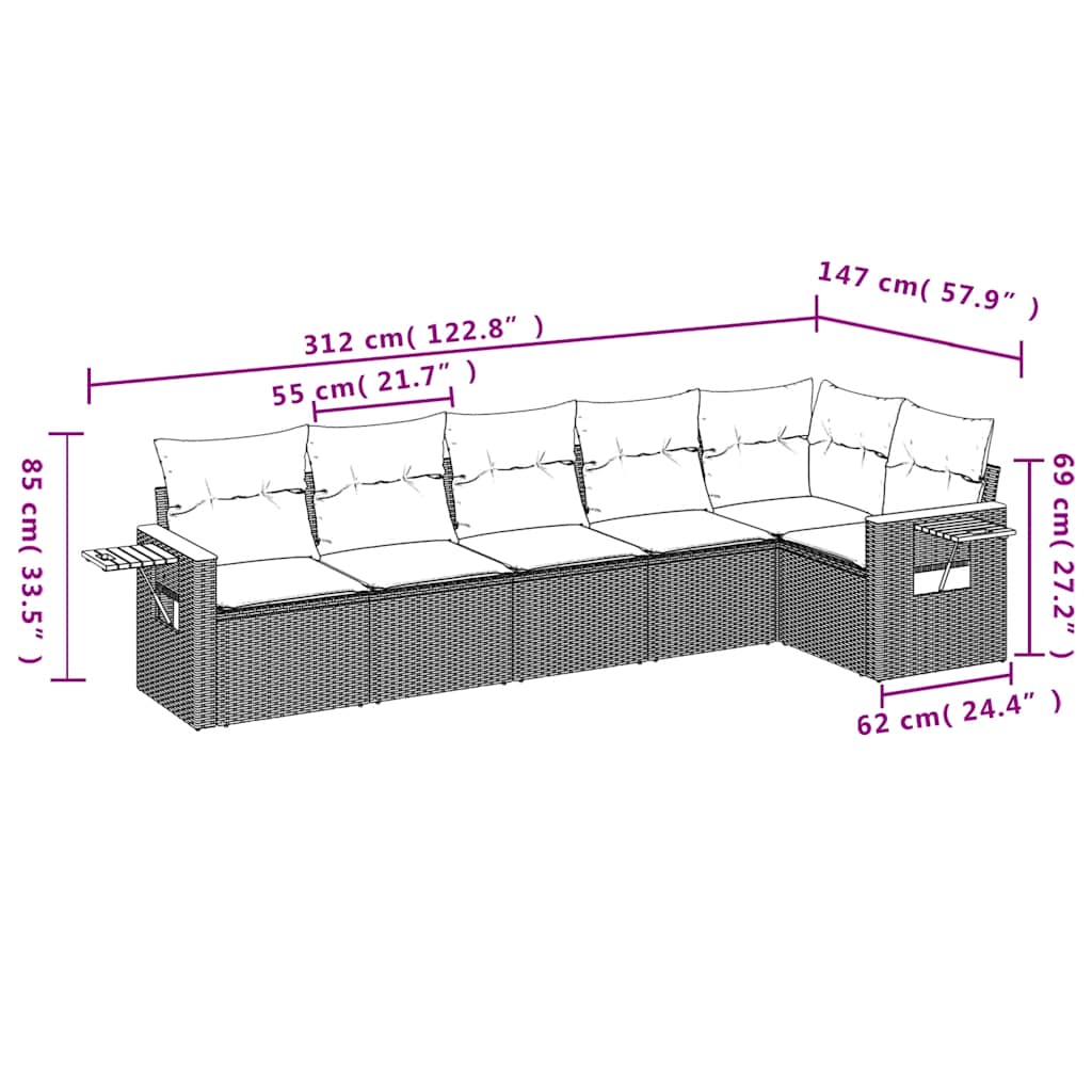 6-dijelni set vrtnih sofa od poliratana s jastucima sivi