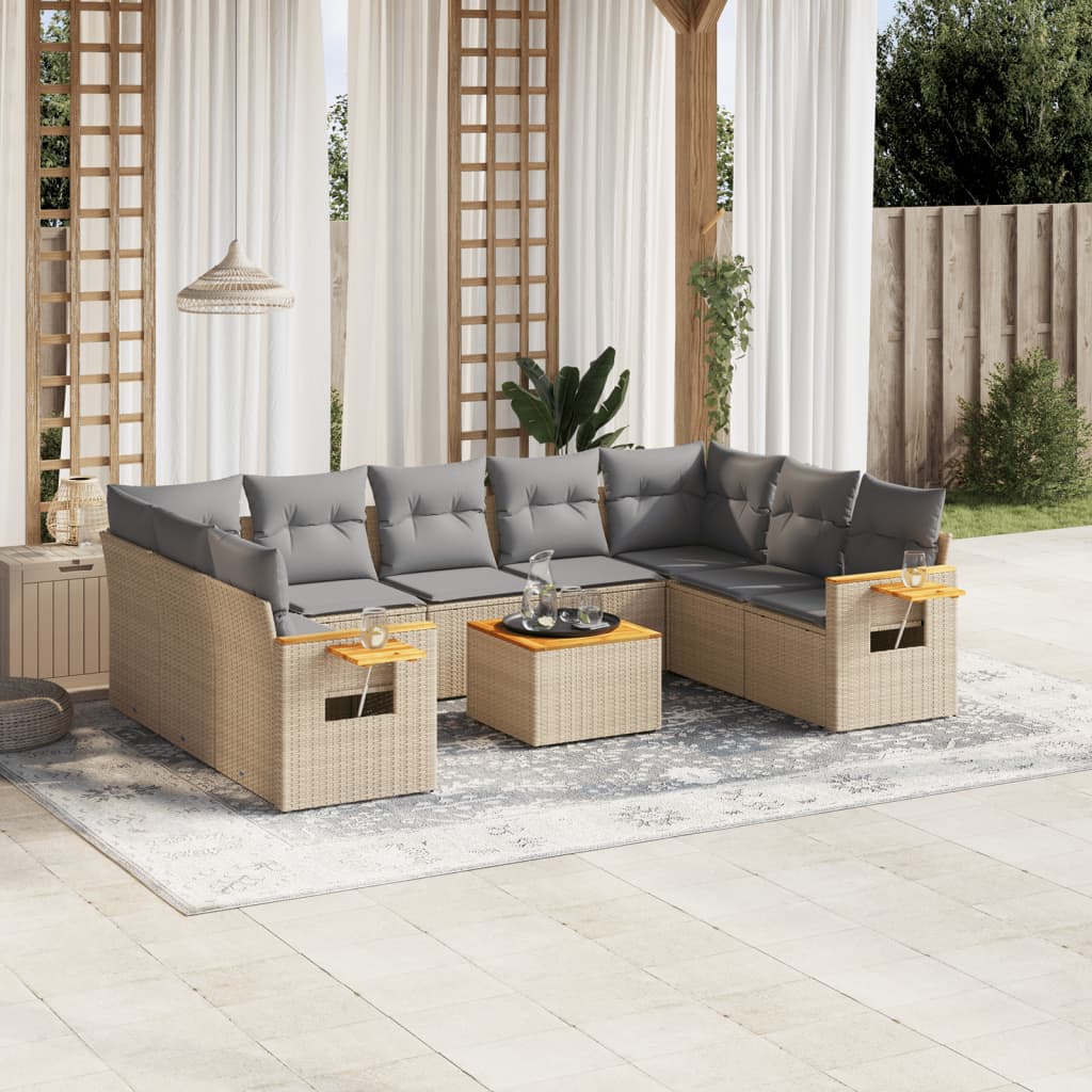 10-dijelni set vrtnih sofa s jastucima bež od poliratana 85 x 62 x 69 cm