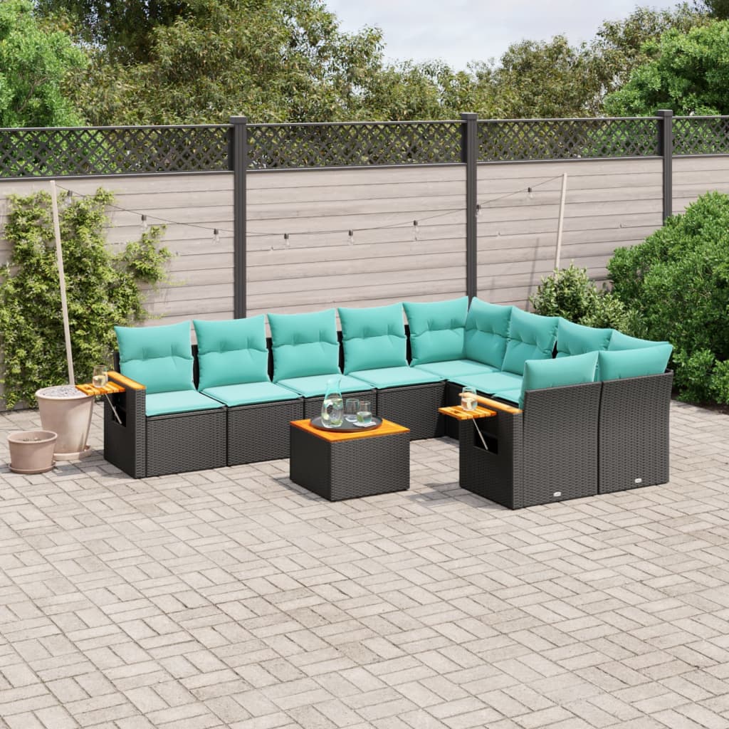 10-dijelni set vrtnih sofa od poliratana s jastucima crni