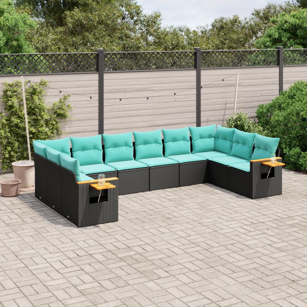 10-dijelni set vrtnih sofa od poliratana s jastucima crni