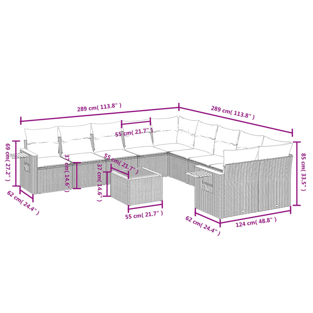 11-dijelni set vrtnih sofa od poliratana s jastucima crni Crna 85 x 62 x 69 cm