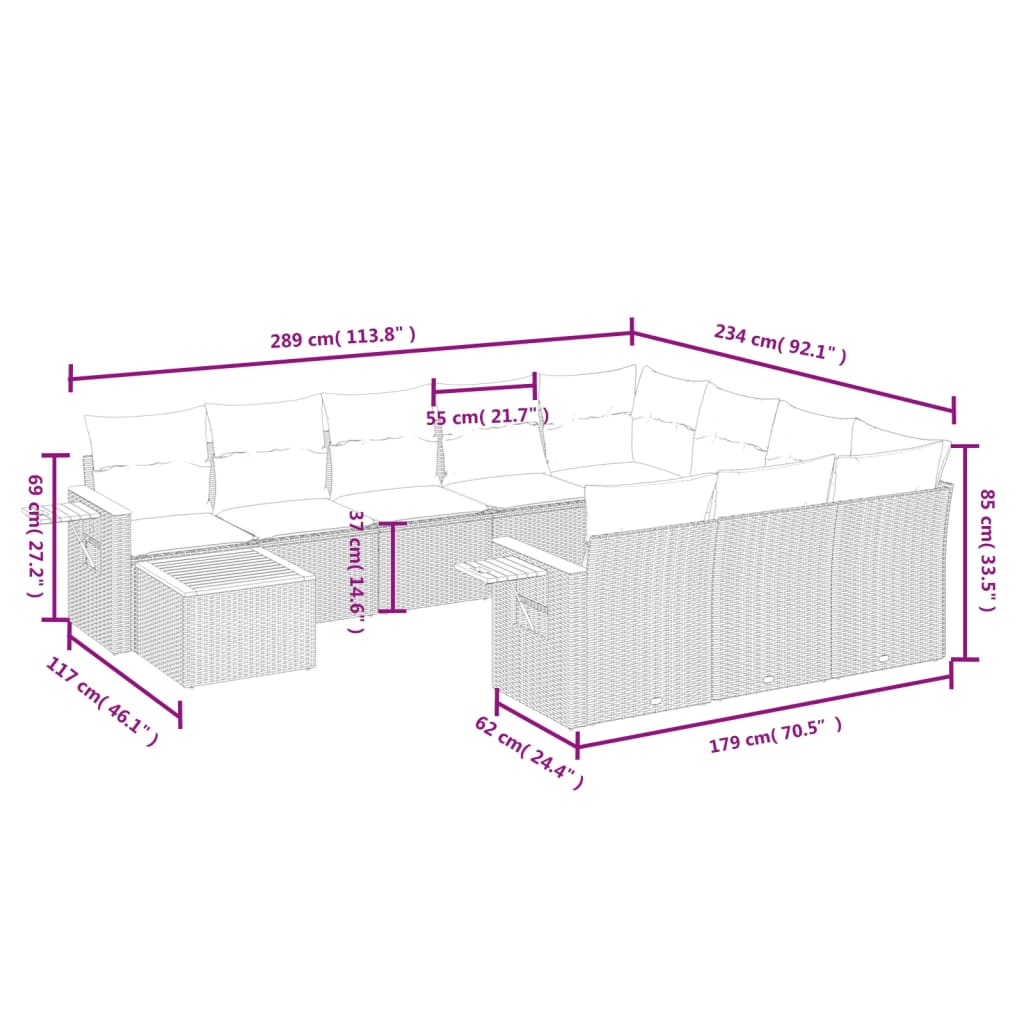 11-dijelni set vrtnih sofa od poliratana s jastucima crni Crna 85 x 62 x 69 cm