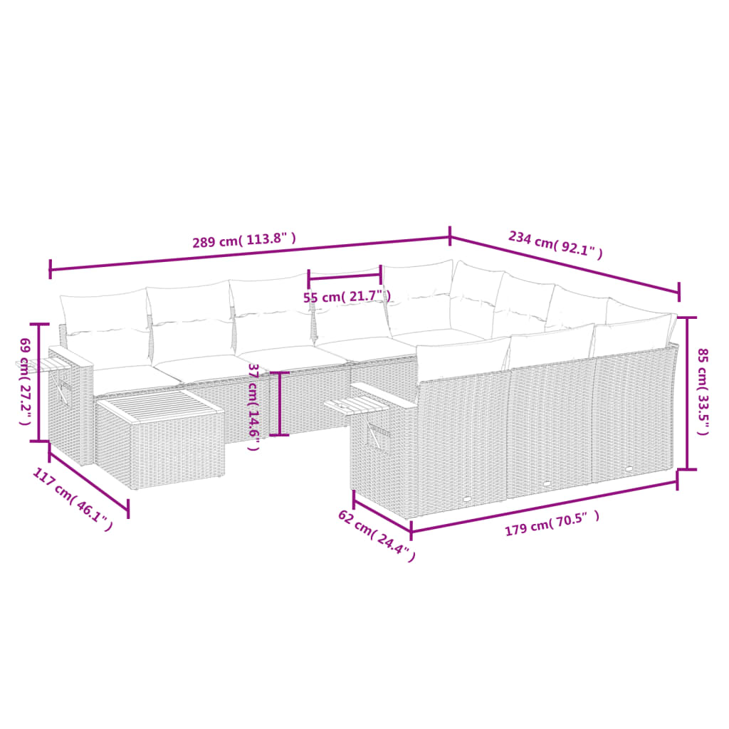 11-dijelni set vrtnih sofa od poliratana s jastucima crni Crna 85 x 62 x 69 cm