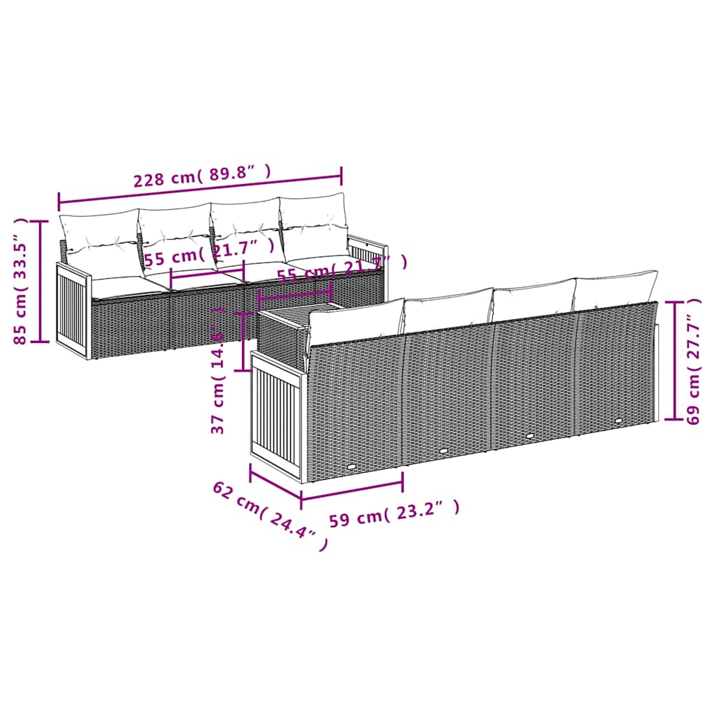 Vrtni set od 9 dijelova s jastucima, crni poliratan