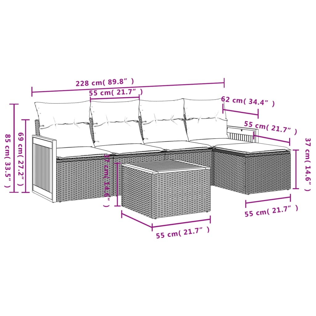 6-dijelni set vrtnih sofa s jastucima crni od poliratana Crna 59 x 62 x 69 cm