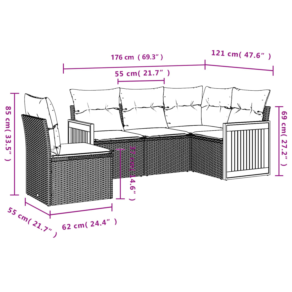 5-dijelni vrtni set sofa s jastucima bež od poliratana