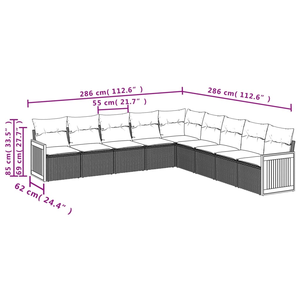 Vrtni set od 9 dijelova s jastucima, sivi poliratan